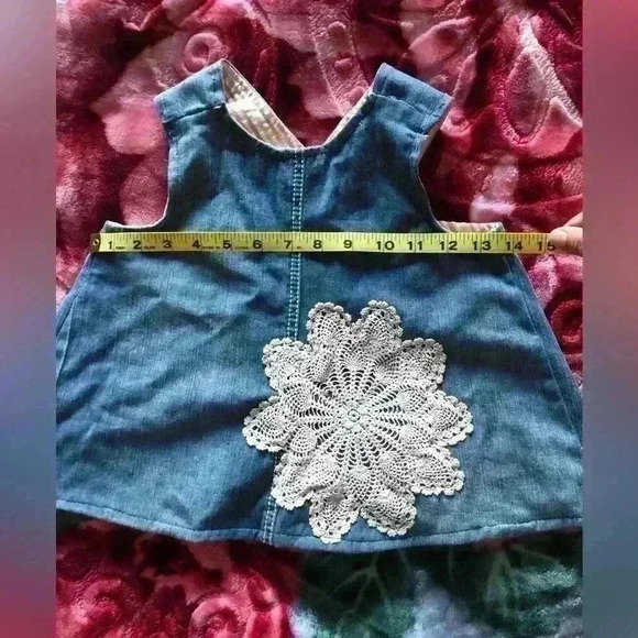 handmade pinafore denim doilie infant dress top 12 months? - Picture 3 of 5